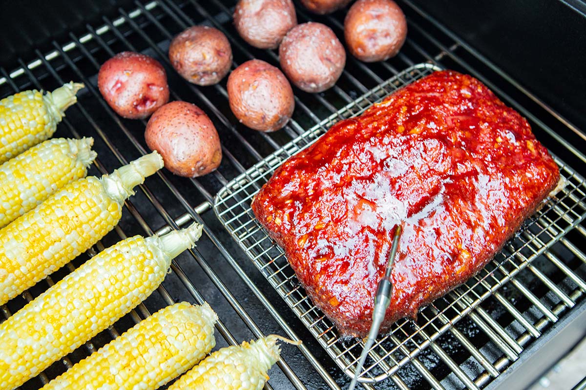 Smoked Meatloaf, Corn on the Cob, and Potatoes on the Yoder Pellet Smoker