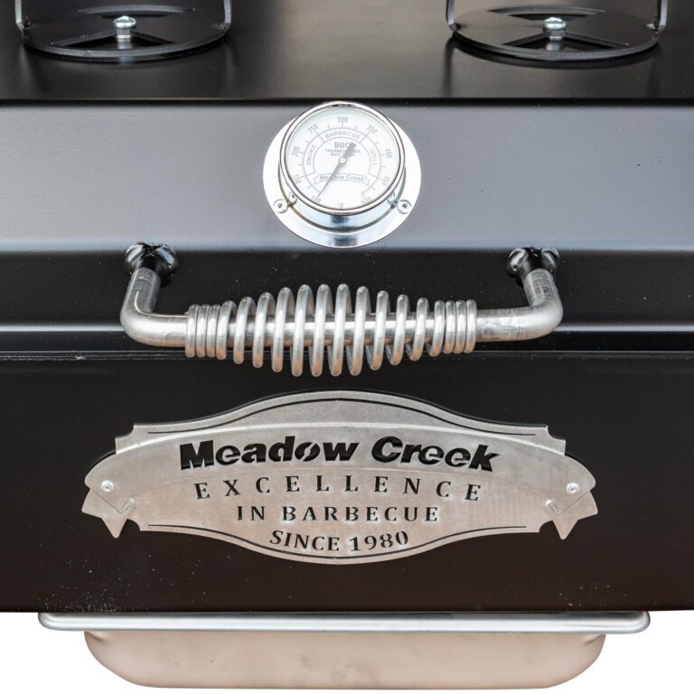 Stainless Steel Lid Handle and Thermometer on Meadow Creek SK23 Steak Grill With Optional Stainless Steel Ash Pan