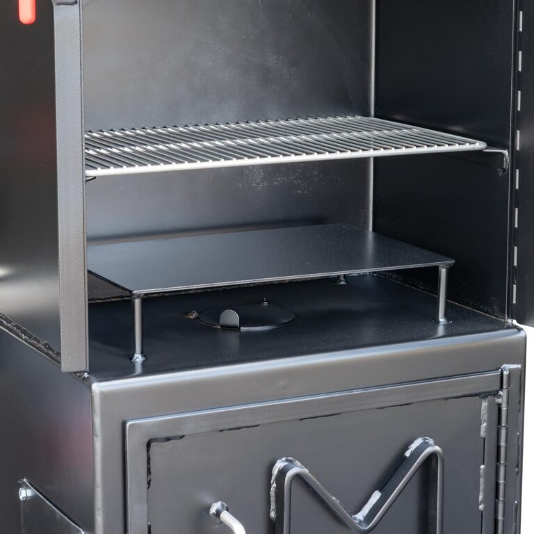 Optional Live Smoke in Warming Box and Gas Assist Access on Meadow Creek Tank Smoker Trailer