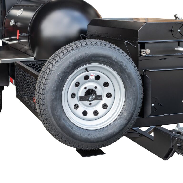 Optional Spare Tire, BBQ42, and Stainless Steel Exterior Shelves on TS250 Tank Smoker Trailer