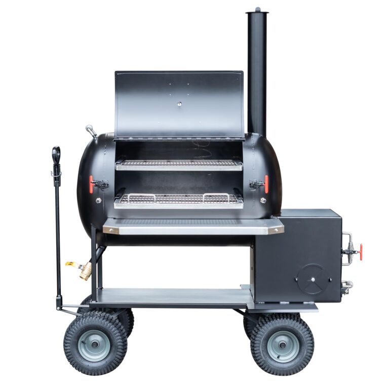 Meadow Creek TS70P Tank Smoker With Optional Wagon Chassis, Stainless Steel Exterior Shelf, and Probe Ports